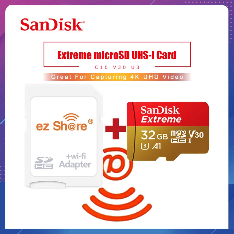 

ezshare Wireless wifi adapter+SanDisk Memory Card Extreme micro SD Card A2 A1 V30 U3 Flash Card 64GB 32GB wifi wireless TF Card