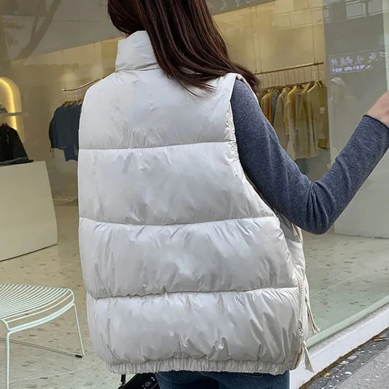 Winter Woman Down Cotton Short Vest Coat Yellow Stand Colloar Sleeveless Jacket Large size Waistcoat Korean Style Gilet Femme petite long puffer coat