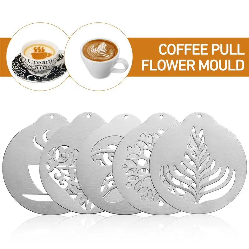 herramienta de arte QUUPY 5 plantillas de café de acero inoxidable para decoración de tartas 
