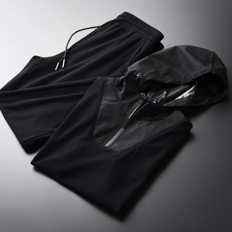 Minglu Mesh Men Sets Plus Size 4xl Luxury Hooded Short Sleeve Man Sets(T-SHIRTS+PANTS) Summer 2-piece Thin Casual Mans Sets