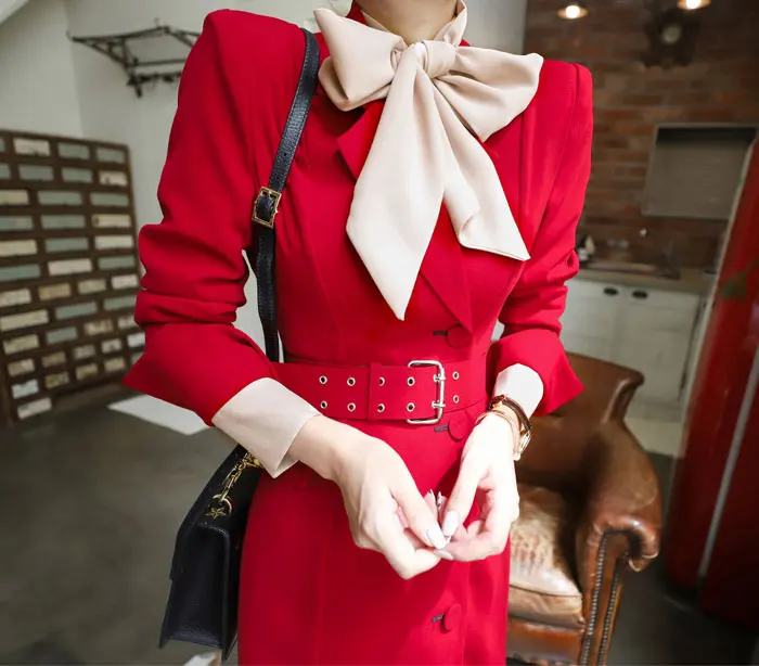 windbreaker coat new Korean version OL long-sleeved single-breasted Slim mid-length professional trench red Drop Shipping