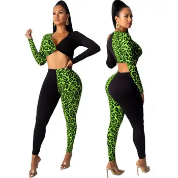 

Fall Leopard Print Patchwork Women Set Long Sleeve Crop Top Pencil Pants Suit Two Piece Set Sexy Tracksuit Outfit
