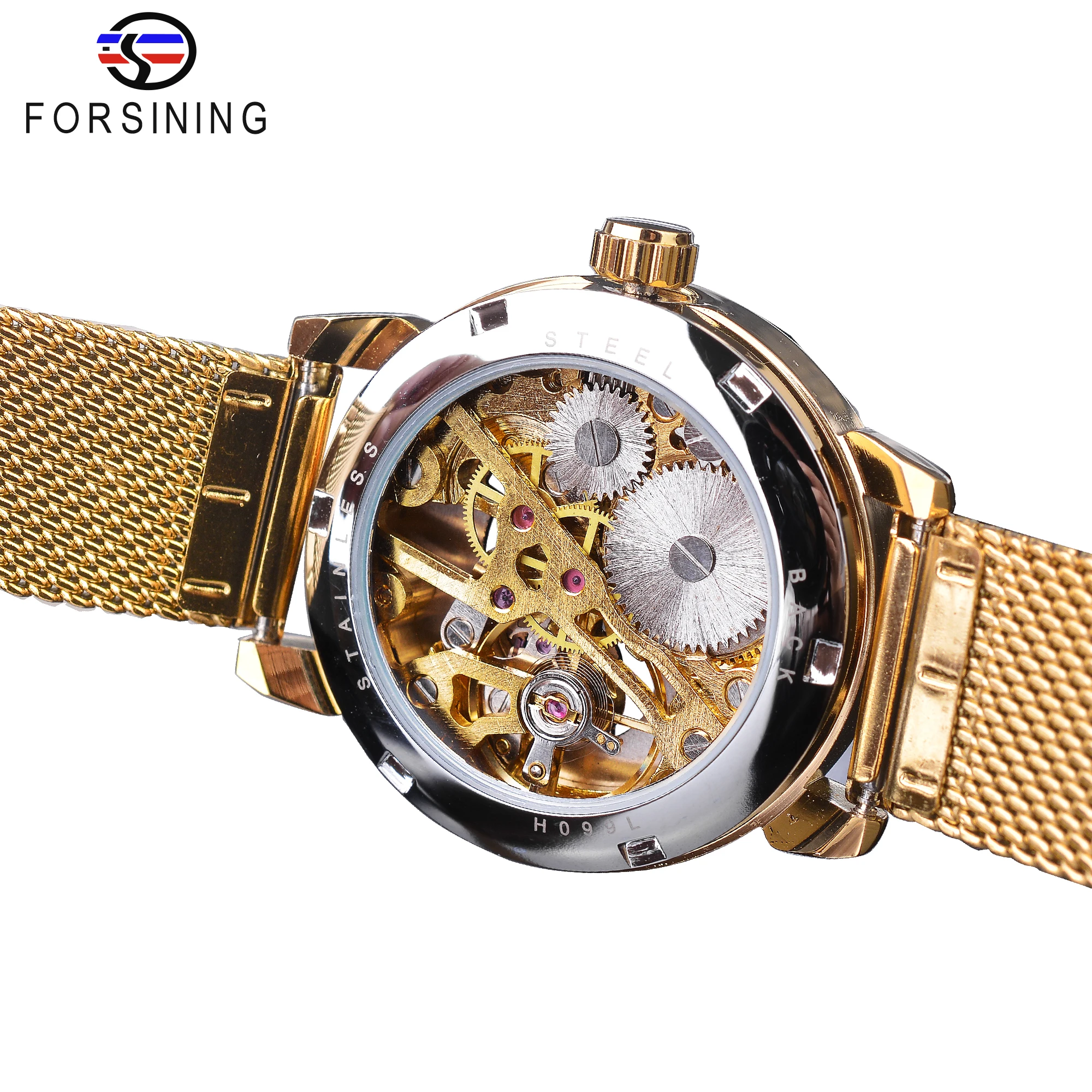 Forsining Fashion Women's Luxury  Golden Mechanical  Watch Roman Numerals Transparent Skeleton Watches Stainless Steel Clock