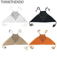 Женский летний ажурный кроп-топ с бретелькой через шею, бикини с этническим мотивом, однотонный бюстгальтер с открытой спиной, вязаный без рукавов