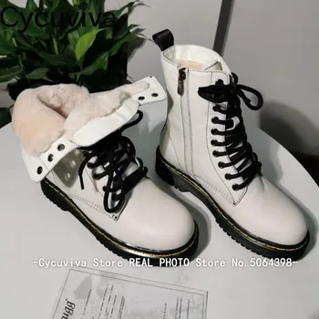 

Fashion Lace up Wool Ankle Boots For Women British Thick Bottom Motorcycle Boots White Leather Winter Warm Flat Shoes Woman