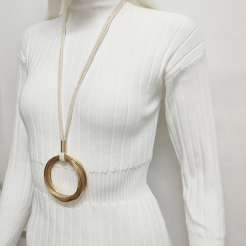 

Kara&Kale Boho handmade accessories fashion jewelry Metal ring necklace daily styles Long cotton rope necklace