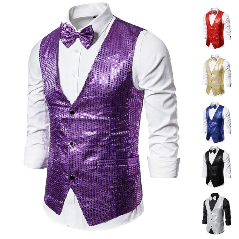Drop shipping Fashion Men Shiny Sequin Glitter Embellished Classy Nightclub Party Suits Vests Homme Stage For Singers Perfomers | Мужская