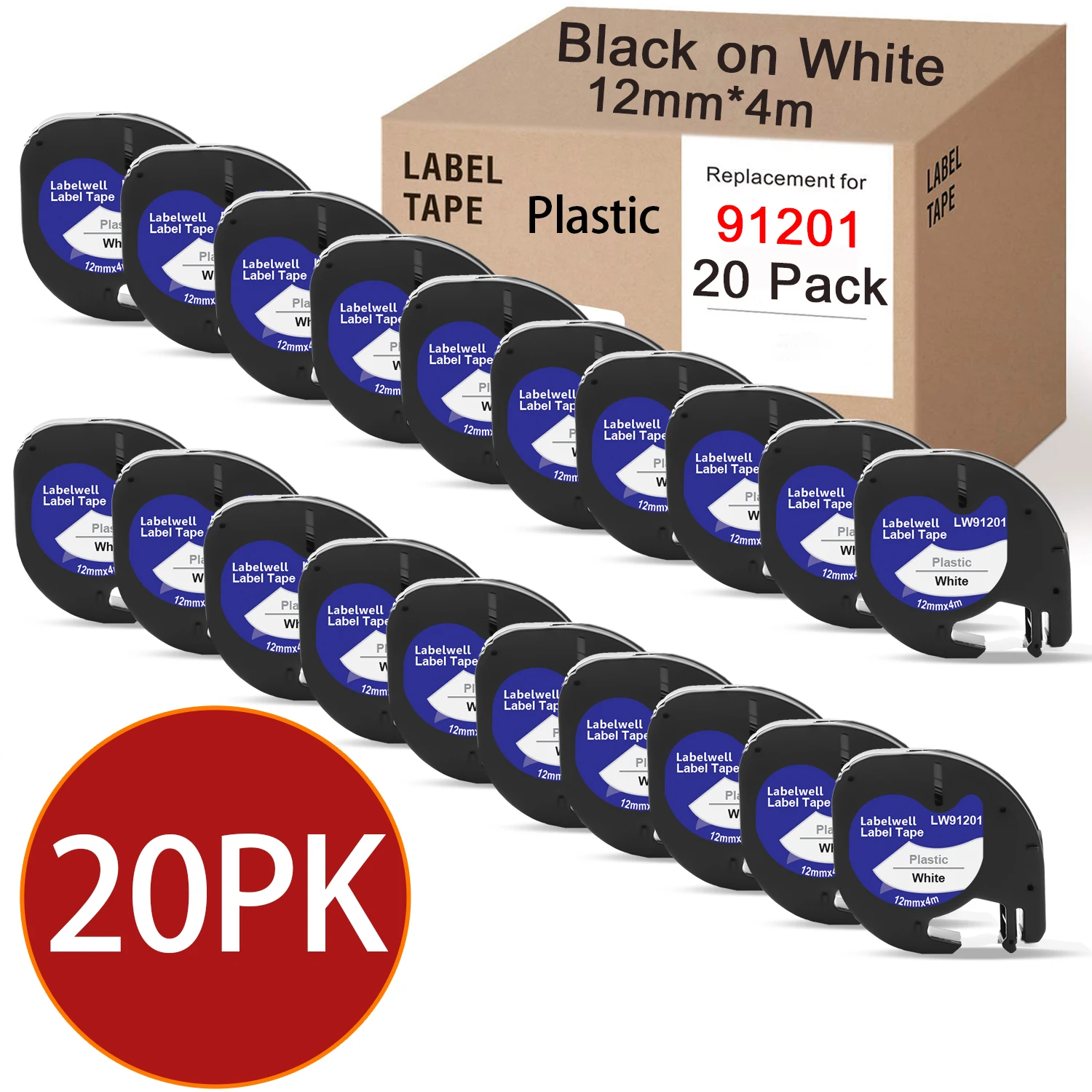 

20PK 91201 совместимый с Dymo LetraTag 91201 черный на белом пластиковом LT-этикетке 12267 91202 91203 91204 для Dymo LT-100H QX50