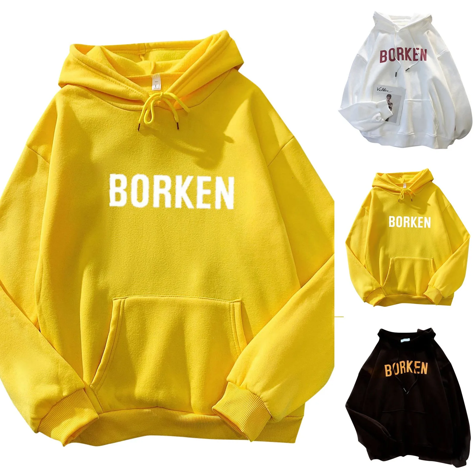 

Letter Women's Hoodies Casual Borken Printed Top Long Sleeve Loose Hooded Sweatshirt Top With Pocket Winter Warm Худи Оверсайз