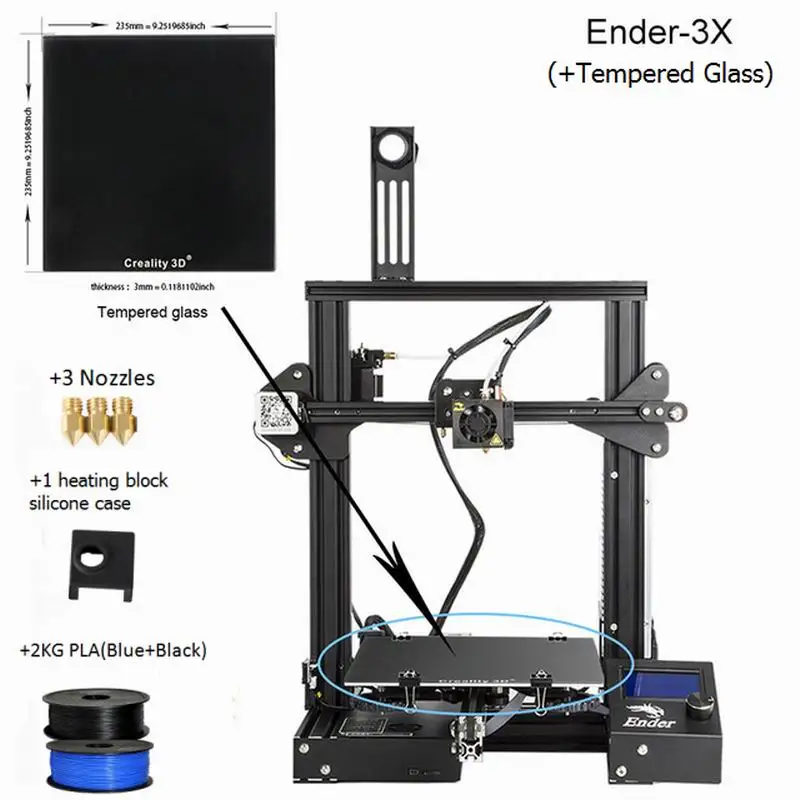 CREALITY 3d принтер Ender-3X обновленный подарок из закаленного стекла сопла и нагревательный блок силиконовый рукав+ PLA - Цвет: Add Blue Black PLA