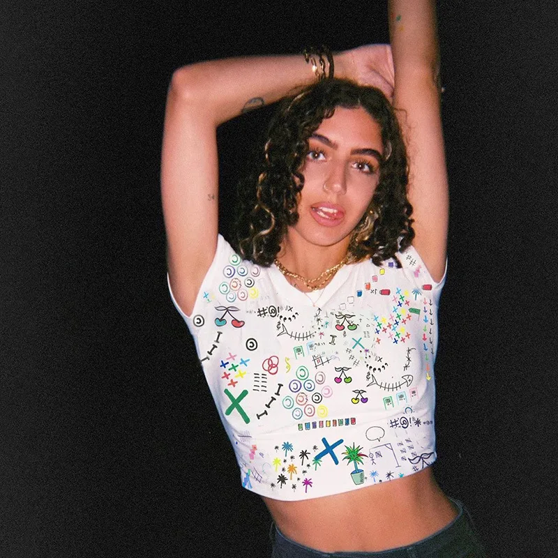 

Sexy White Print Round Neck Short Sleeve T-shirt 2020 Summer Women Casual Exposed Navel Tight Fashion T Shirt Female Tees