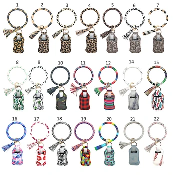 

Rainbow Leopard Print Key Ring Bracelet Wristlet Keychain Leather Keyrings Container Holder with Empty Refillable Bottle