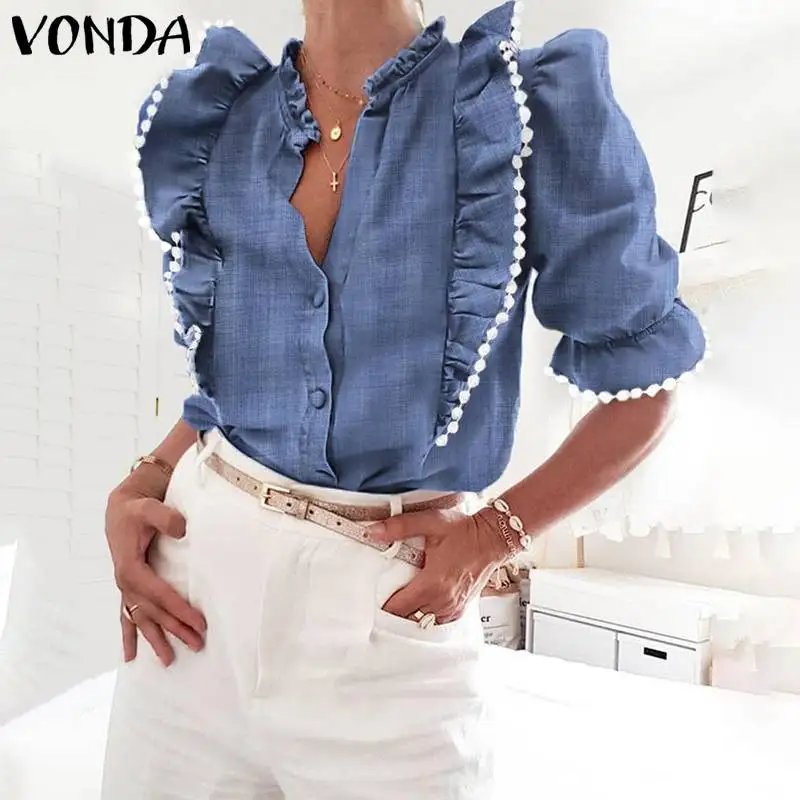 

VONDA Women Tunic Blouse 2020 Summer Female Vintage V Neck Half Sleeve Ruffled Shirt Lady Office Blouse Holiday Tops Blusa S-5XL