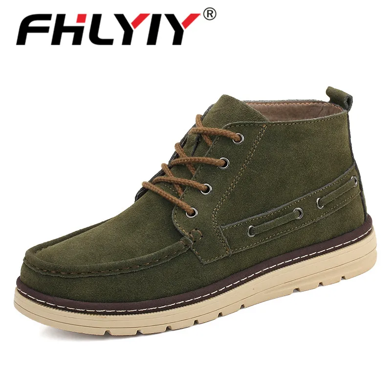 NO-fur Green Fhlyiy/мужские ботинки; сезон осень-зима; Мужская обувь из коровьей замши; модная обувь; ботильоны; Повседневная Высокая мужская обувь; размеры 38-46 - Цвет: NO-fur Green