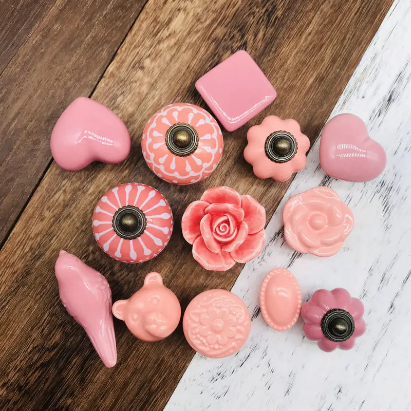 Pack of 1 Assorted Decorative Pink Knobs Pigeon Bear Heart Floral Relief Design Handles Ceramic Cabinet Pulls Mix Vintage Combo |