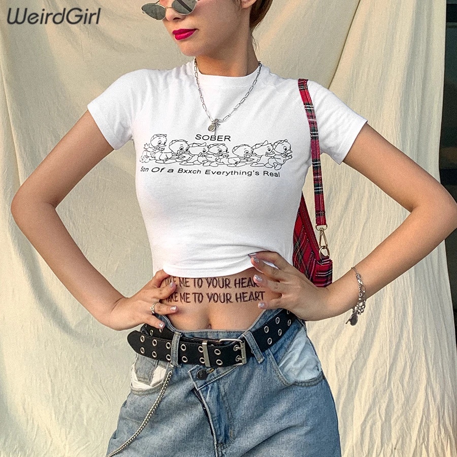 

Women Cartoon Print Cotton Casual T-shirts Short Sleeve Summer 2020 Slim Female Short knitted Soft Fabric Tees Harajuku Tops