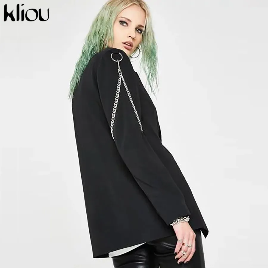 Kliou, Осенний Женский блейзер, пиджак,, модный, с цепочкой, длинный рукав, свободный, Повседневный, для офиса, леди, блейзеры, рабочая одежда