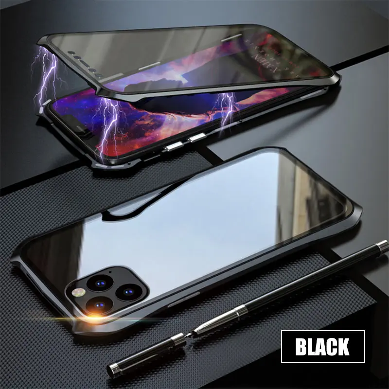 Shellbox новейший Магнитный чехол из закаленного стекла для iPhone 11 Pro Max анти Открытый магнит металлический бампер 360 Защитный чехол на весь корпус - Цвет: Black