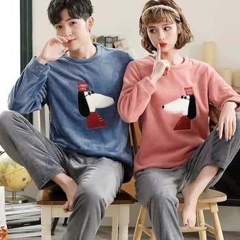 

XIZOU New Flannel Couple Pajamas Cartoon Sleepwear for Women Pajama Sets Pijamas Mujer Lover Pyjamas Homewear Velt Clothing Suit