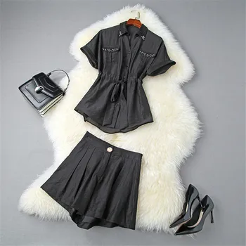 

High Street Fashion Summer Set 2 Piece Clothing Set 2020 New Designers Outfits Short Sleeve Beading Blouse and Shorts Suit Sets