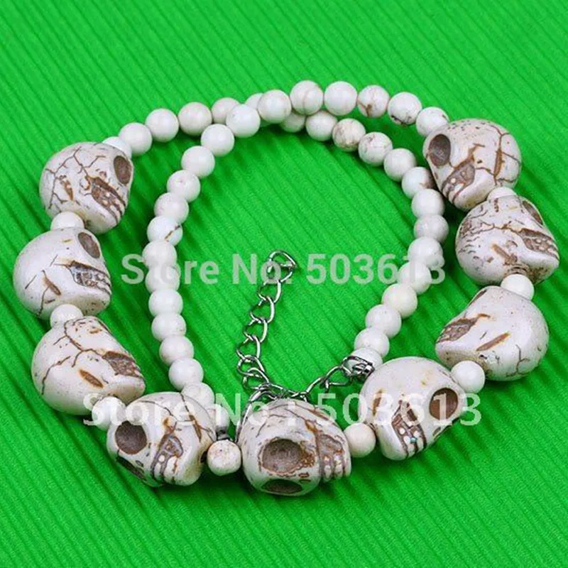 Цельный камень Howlite резной череп бусины ожерелья 18'L cn1019|bead necklace|necklace necklaceskull
