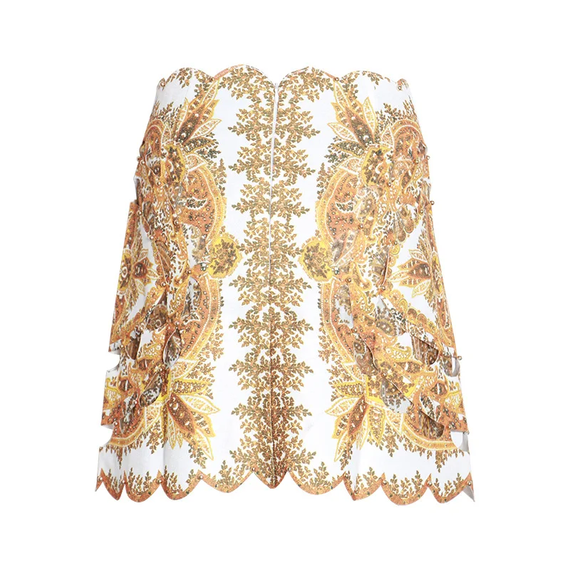 CAMIA Newest Women Vintage Sexy Skirt Good Quality High Waist Hollow Out Yellow Skirt Patchwork Embroidery ZIM Skirt