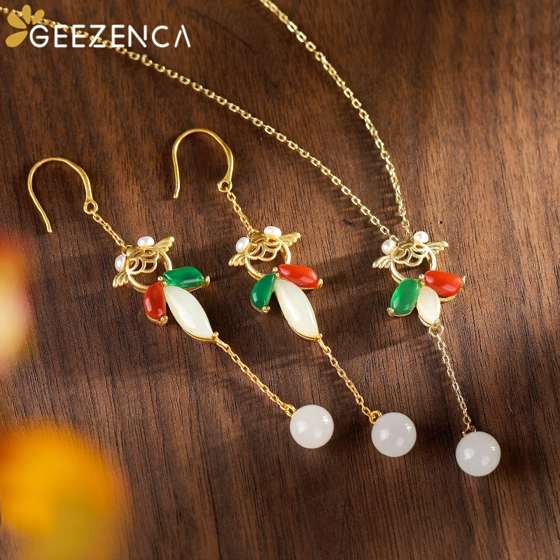 

925 Sterling Silver Jewelry Hetian Jade Red Green Agate Goldfish Pendant Necklace For Women Designer Natural Gemstone Necklaces