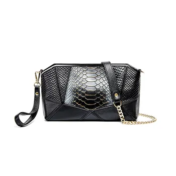 

New fashion geometric splicing women's small bag with snake pattern chain luxury first layer cow leather slant straddle women's
