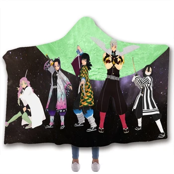 

Anime Demon Slayer Print Plush Hooded Blanket Warm Blankets For Bed Watching Blanket Wearable Double layer Fleece Throw Blankets