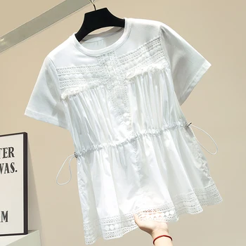 

Drawstring Waist Tshirt for Women Black White Cotton Short Sleeve T-shirt Female Summer Loose Top Ladies T Shirts Tees