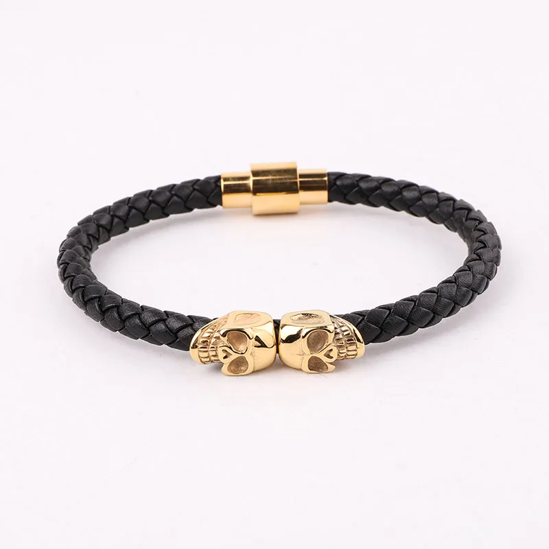 High Quality Punk 316L Stainless Steel Skull Charm Real Genuine Leather Bracelet Men Jewelry Gift