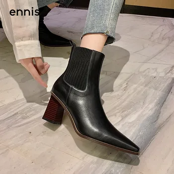 

ENNIS Designer Square High Heel Boots Genuine Leather Women Autumn Boots Pointed Toe Ankle Boots Winter Black Brown Shoes A0274