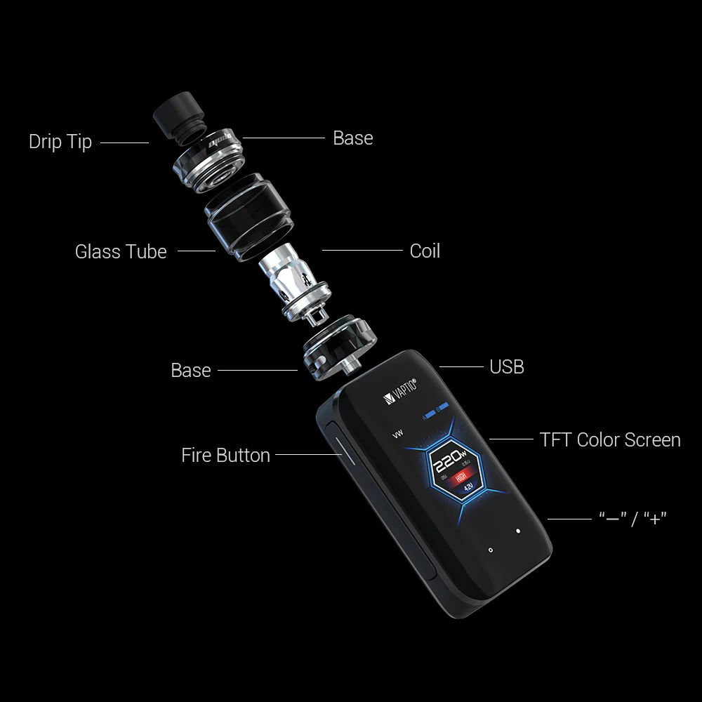 Электронная сигарета Vaptio X hubler Apolo 220 Вт бак 5 мл сенсорный экран 2TFT испаритель без