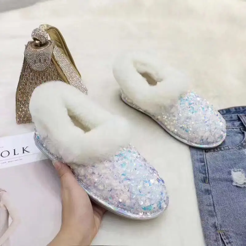 

Womens Round Toe Sequins Bling Crystal Real Leather Fur Warm Winter Snow Loafers Shoes Ugs Australia Boots Women High Quality