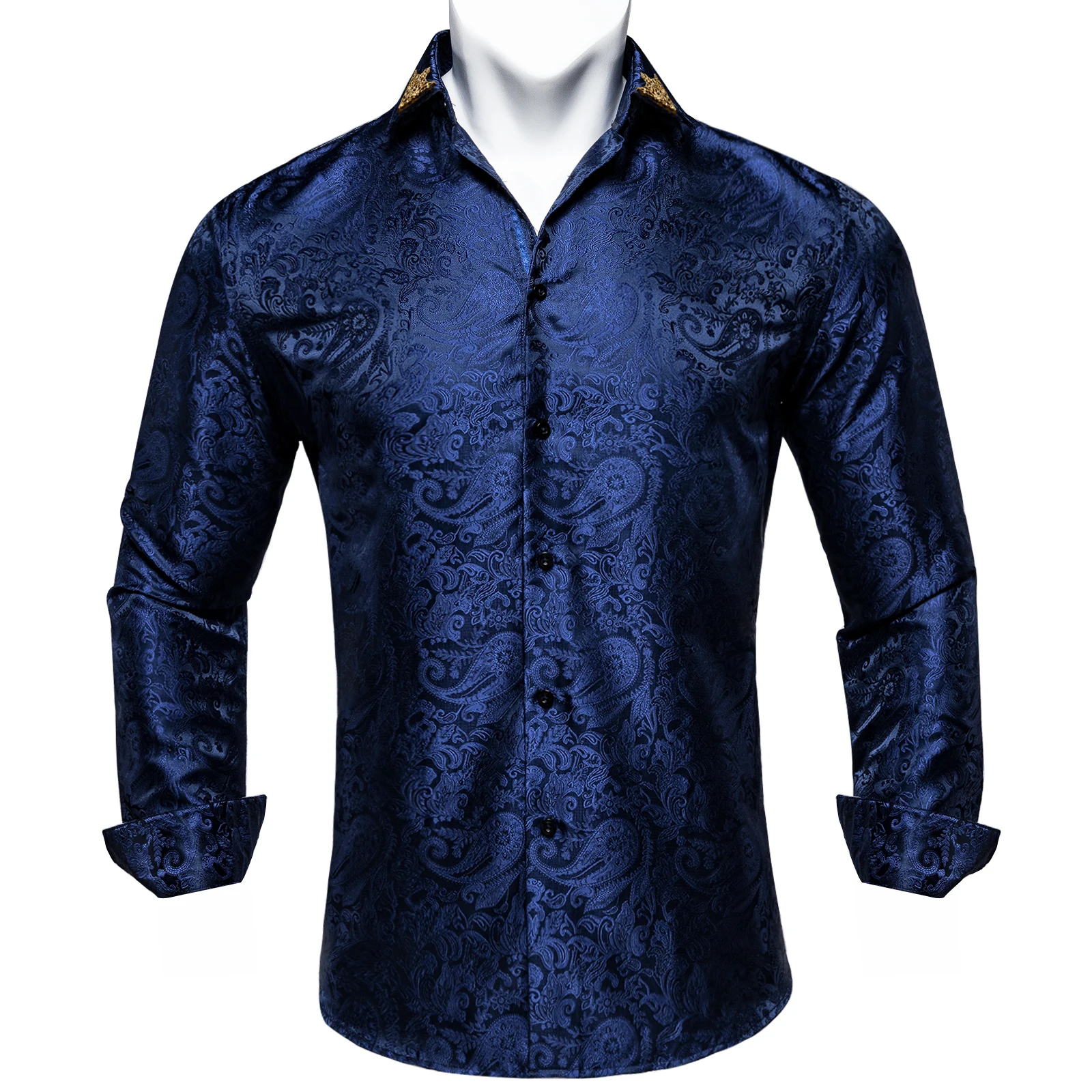 

Autumn Men's Long Sleeve Shirts Navy Blue Print Satin Formal Business Social Shirts Male Casual Floral Blouse Mens Clothing