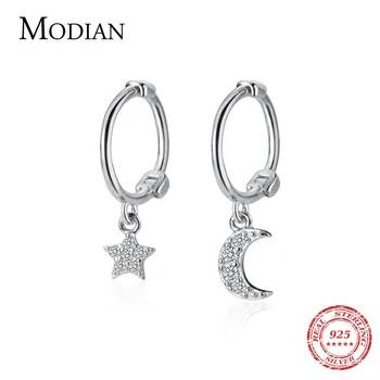 

Modian Twinkle Star Moon Hoop Earring for Women Fashion Genuine 925 Sterling Silver Asymmetry Earring Fine Jewelry Accessories