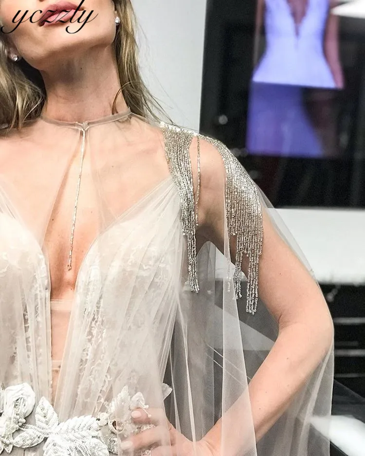 Vestido De Noiva/большие размеры, сексуальное платье на бретельках, кружевное, с кисточками, с разрезом, Русалка, Пляжное, свадебное платье с накидкой, Trouwjurk W137