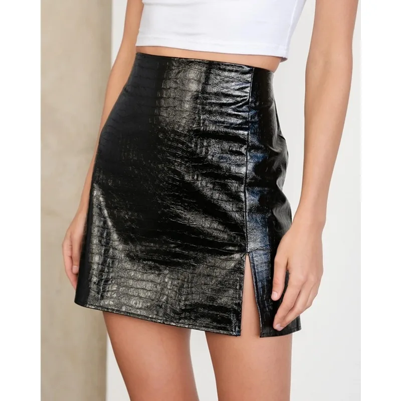 

New Solid Color A- line Dress PU Leather Sexy Split Hip Skirt Slim Skirt for Women extreme sexy mini micro skirt high fashion