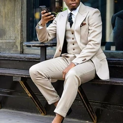 2022 Latest Peak Lapel Design Men's Beige Suits Hot Sale Custom Made Two Buttons Bridegroom Wedding Wear Blazer 3 Pieces Skinny