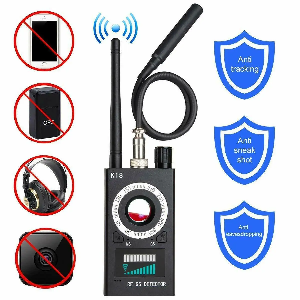 K18 1MHZ-6.5GHZ K18 GSM RF Signal Detector Anti-spy Detector Camera Wireless GPS Anti-sneak Shot Monitoring Positioning Detector - Famidy.com