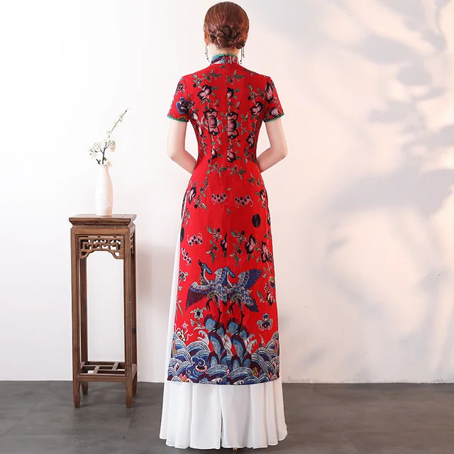 Plus size 5XL cheongsam autumn new female dignified atmosphere Austrian Chinese etiquette Printed pendulum dress Long cheongsam