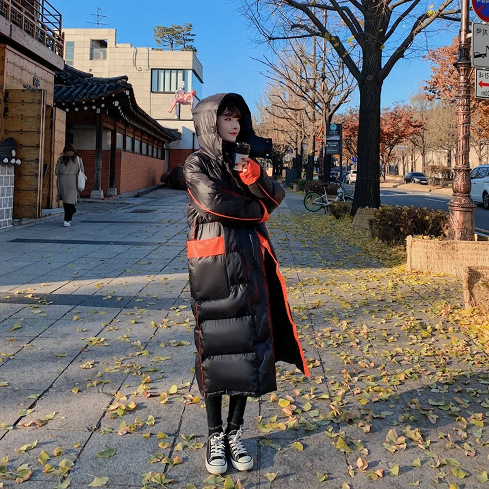 

Photo Shoot Bright Surface Joint Contrast Color Long Cotton Overcoat 2019 Winter New Style Retro Laziness-Style Hooded Cotton Co