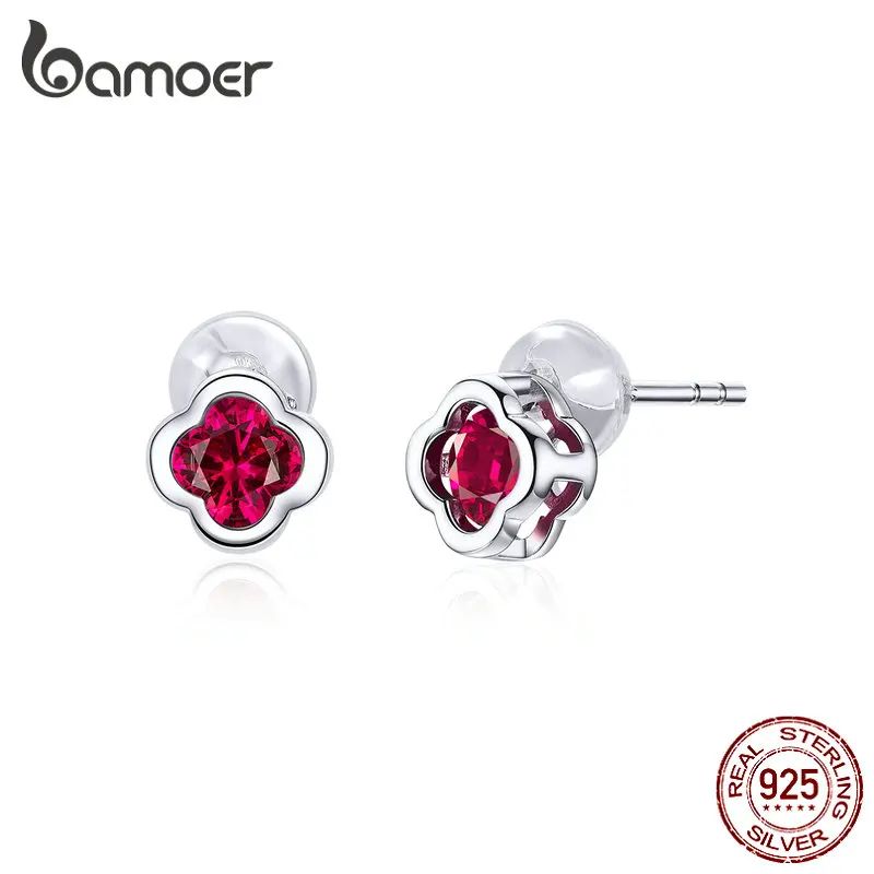 Bamoer, 925 пробы, серебряные серьги-гвоздики в виде цветка для женщин, свадебное, на помолвку, Заявление, ювелирные изделия, красный камень CZ Brincos BSE318