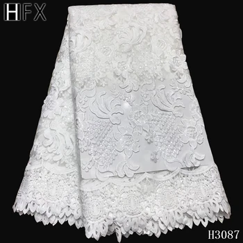 

HFX Pure White Lace Fabric Nigerian Fabric 2020 High Quality Flower Embroidery Lace African French Lace Tulle Lace Fabric F3087