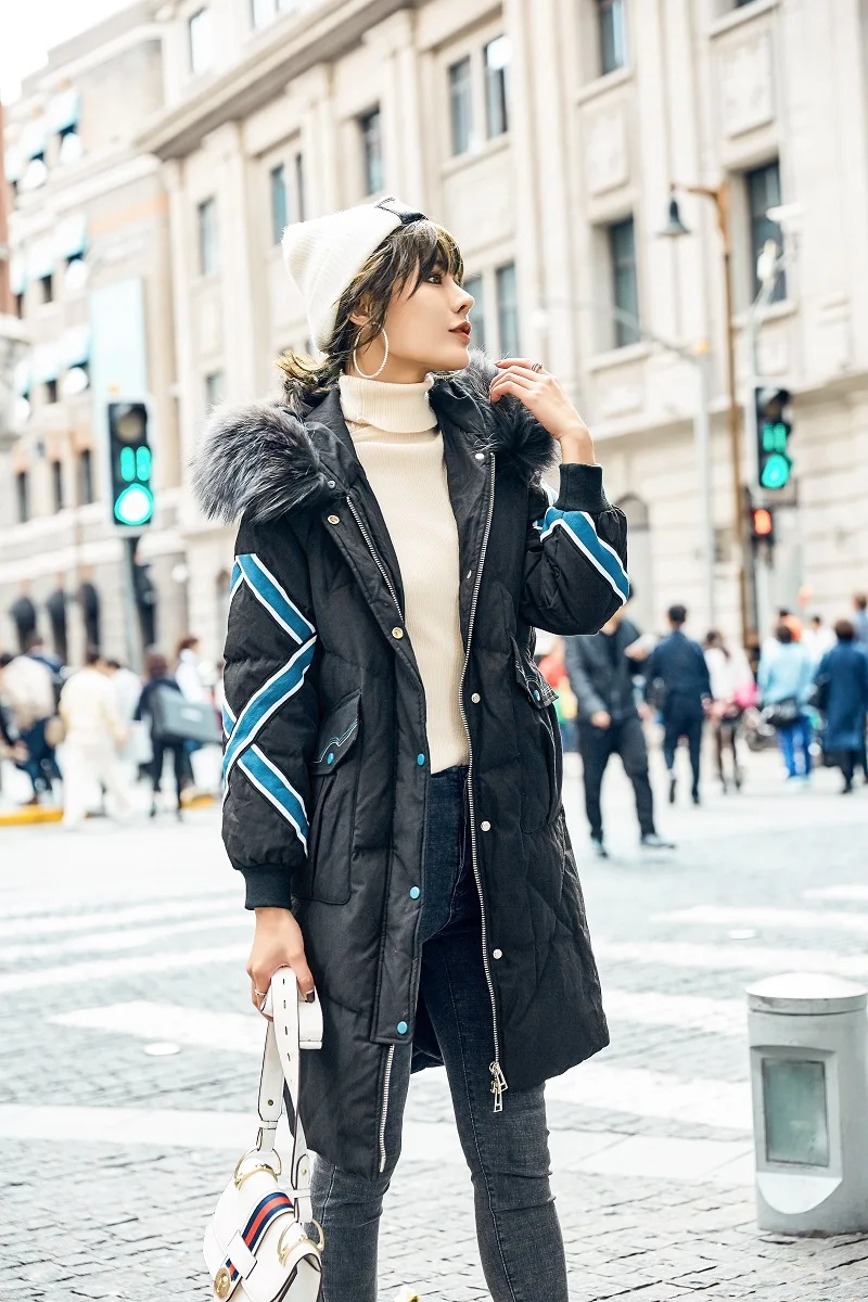 0 off Season Closeout Winter New European And American Mid-length Contrast Color Webbing Raccoon Large Size WOMEN'S Coat down Ja