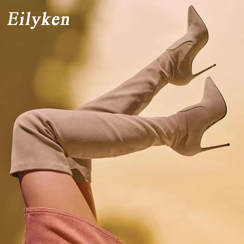 Женские ботфорты из флока Eilyken черные абрикосовые коричневые вечерние сапоги на