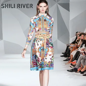 

New spring autumn shirt dress for women a line long sleeve casual elegant floral print pleated button midi dress with collar