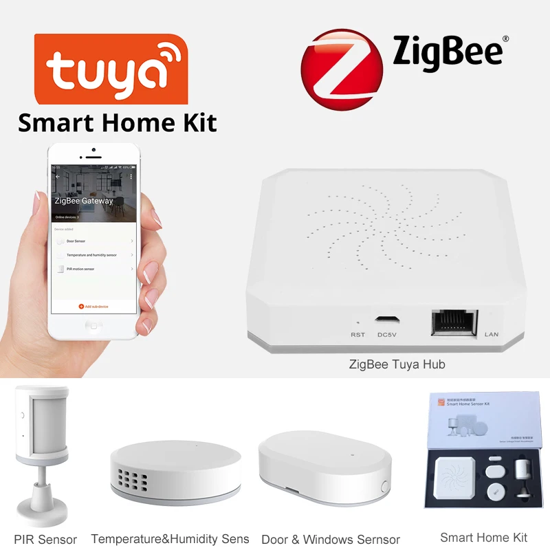 US $57.70 Tuya Zigbee Alarm Kit Hub Smart Home PIR Sensor Door Sensor Temperature and Humidity Sensor Home Automation Scene Security
