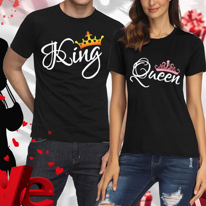 KING QUEEN Crown Print Couple T Shirt Lovers Short Sleeve O Neck Loose Tshirt Fashion Woman Man Tee Tops Clothes | Женская одежда