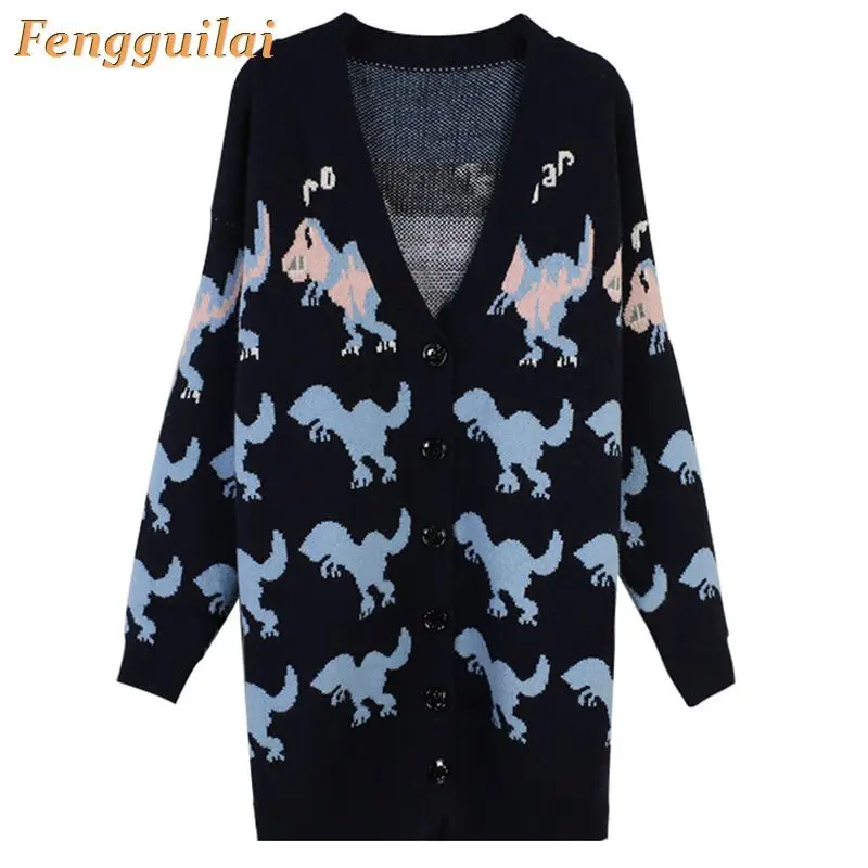 

FENGGUILAI Autumn New Women Sweater Dinosaur Cardigans Loose College Style Girls Long Cardigans Oversize Knit Coat Cute Jacket
